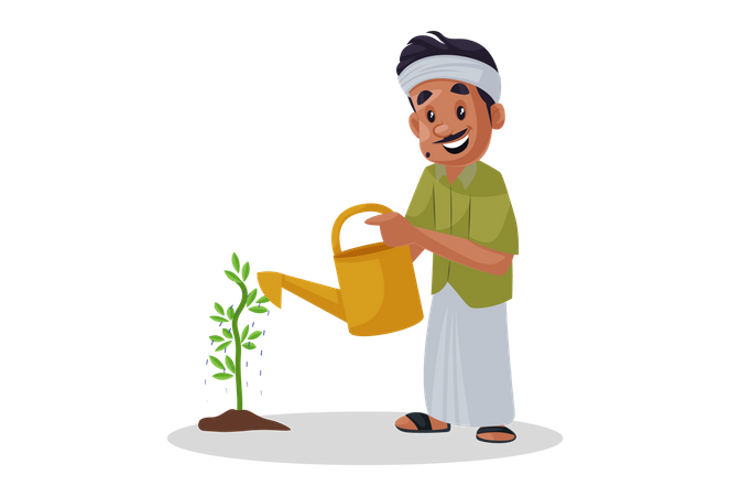 Indian gardener pouring water to plant  Illustration