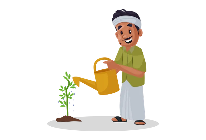 Indian gardener pouring water to plant  Illustration