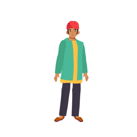 Indian gentleman in green kurta with yellow trim red turban and black trousers  Illustration