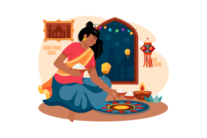 Indian girl drawing Diwali Rangoli on the floor Illustration
