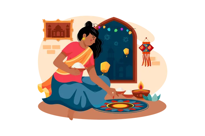 Indian girl drawing Diwali Rangoli on the floor  イラスト