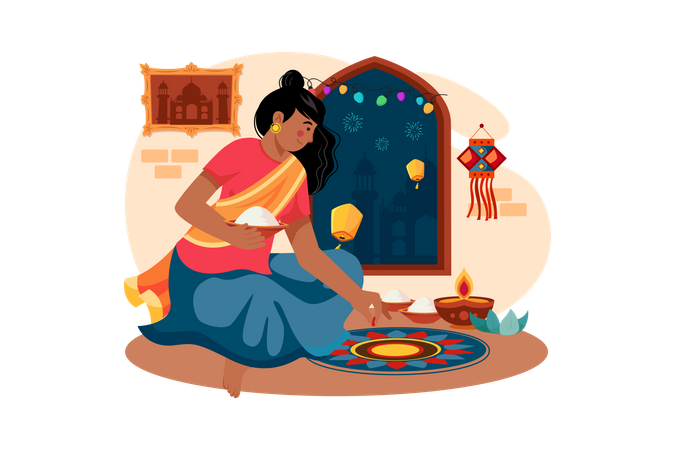 Indian girl drawing Diwali Rangoli on the floor  Illustration