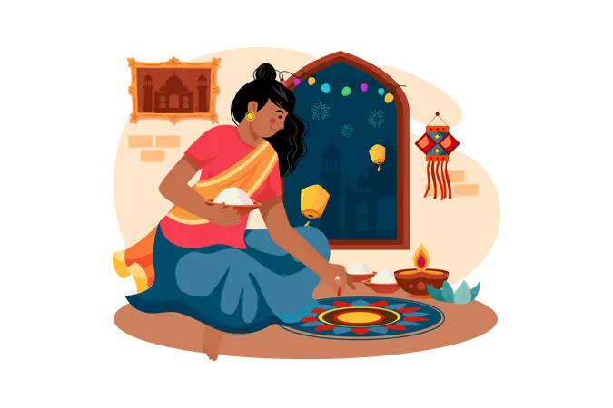 Indian girl drawing Diwali Rangoli on the floor  Illustration