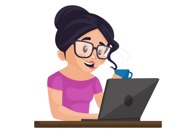 Indian girl holding coffee cup while working on laptop  Illustration