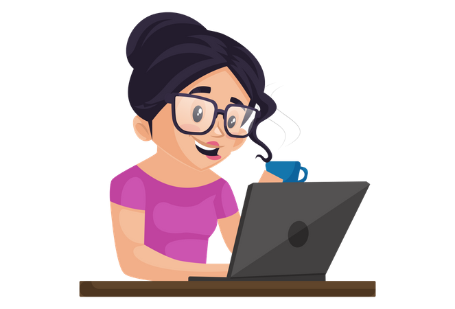 Indian girl holding coffee cup while working on laptop  イラスト
