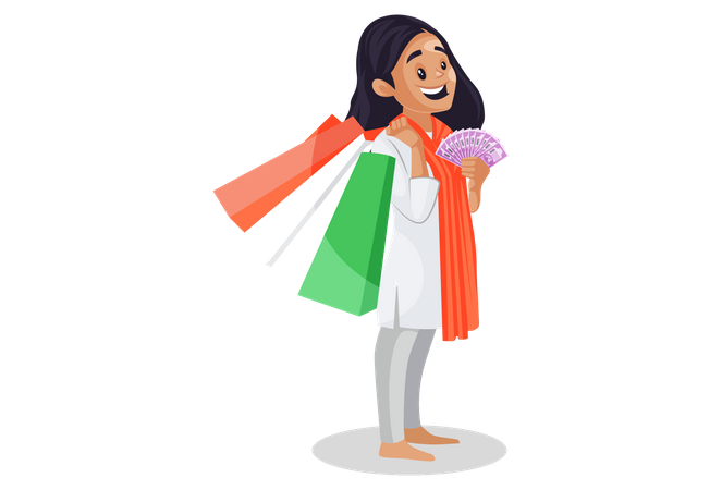 Indian girl holding shopping bags and rupees in her hands  Illustration