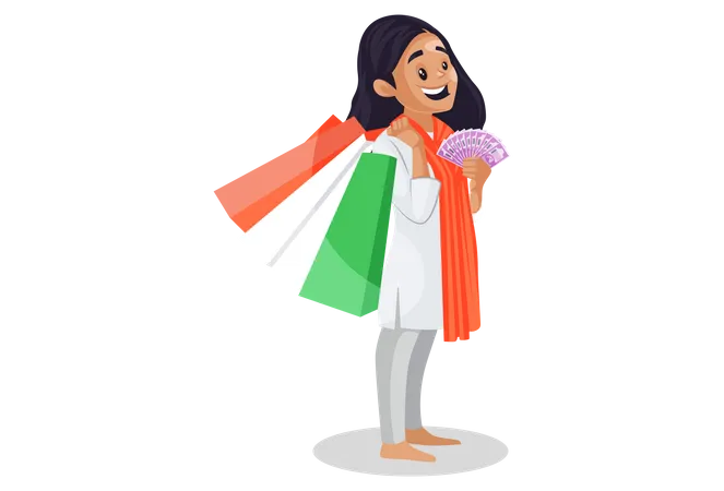 Indian girl holding shopping bags and rupees in her hands  Illustration