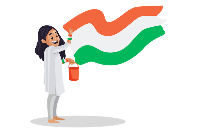 Indian girl is holding a color bucket and painting the Indian flag on a wall  Illustration