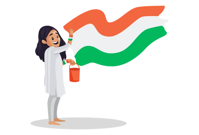 Indian girl is holding a color bucket and painting the Indian flag on a wall  Illustration