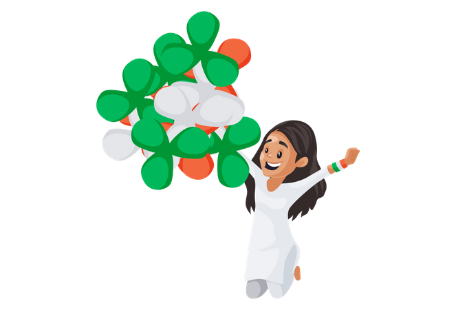 Indian girl is jumping and holding balloons in her hands  Illustration