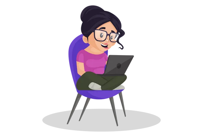Indian girl sitting in chair whille working on laptop Illustration
