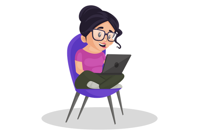 Indian girl sitting in chair whille working on laptop  Illustration