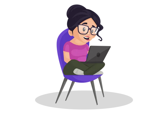 Indian girl sitting in chair whille working on laptop  Illustration