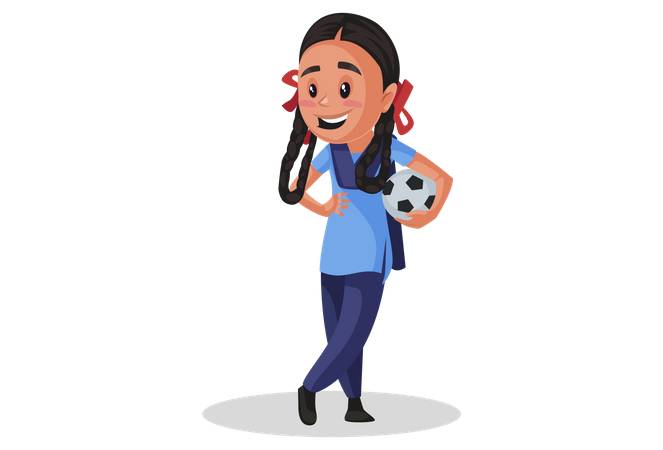 Indian girl student holding football Illustration