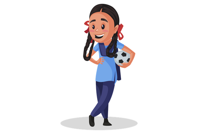 Indian girl student holding football  Illustration