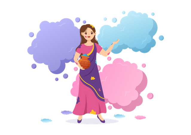 Indian girl wearing saree celebrate Holi  Illustration