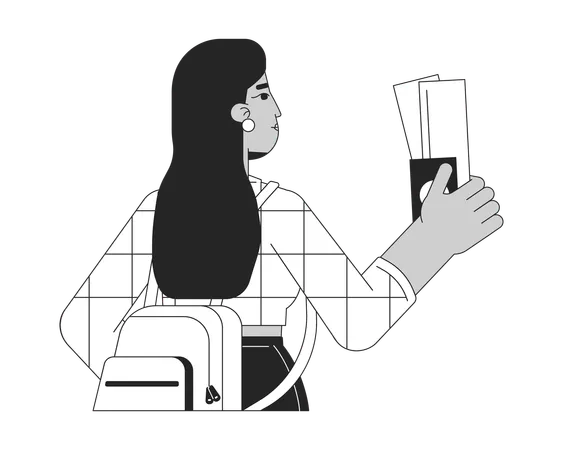 Indian Girl With Boarding Pass Flat Line Black White Vector Character Editable Outline Full Body Person Woman Tourist With Backpack Simple Cartoon Isolated Spot Illustration For Web Graphic Design Illustration