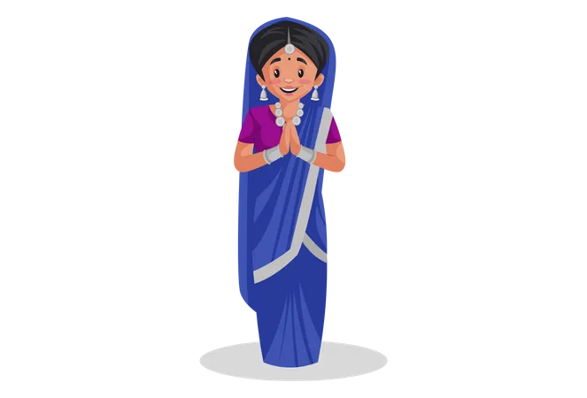 Indian gujarati woman standing in welcome pose  Illustration
