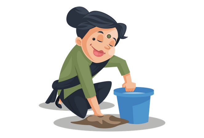 Indian house maid cleaning the floor  Illustration