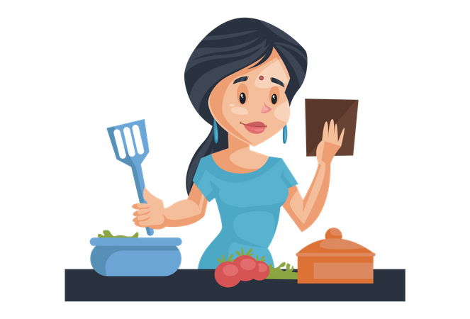 Indian House Wife cooking in kitchen  Illustration