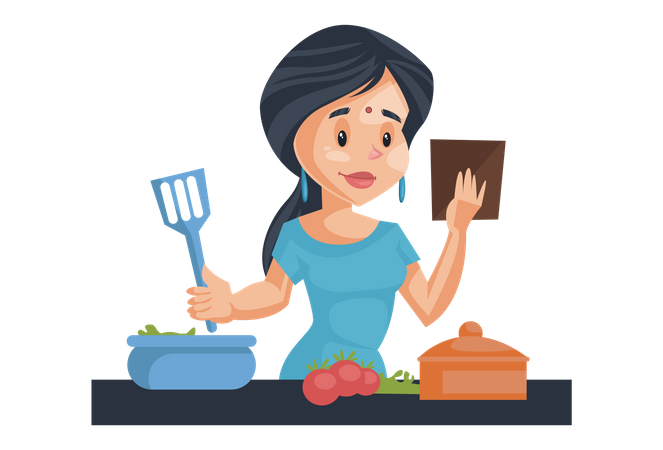 Indian House Wife cooking in kitchen  イラスト