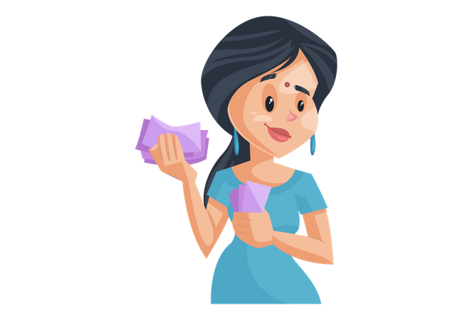 Indian House Wife counting Money Illustration