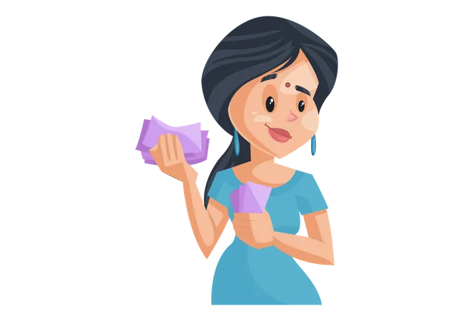 Indian House Wife counting Money  Illustration