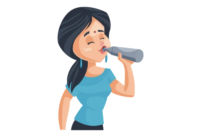 Indian House Wife drinking water from bottle  イラスト