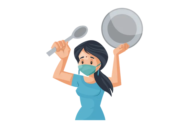 Indian House Wife making noise with spoon and dish for positive vibes in covid-19 situation Illustration