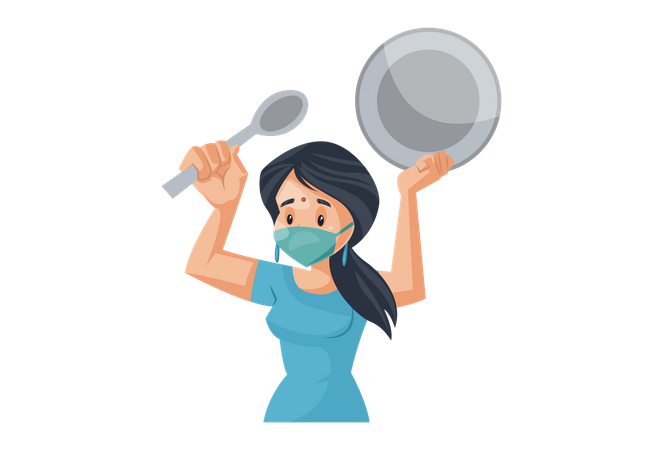 Indian House Wife making noise with spoon and dish for positive vibes in covid-19 situation  Illustration