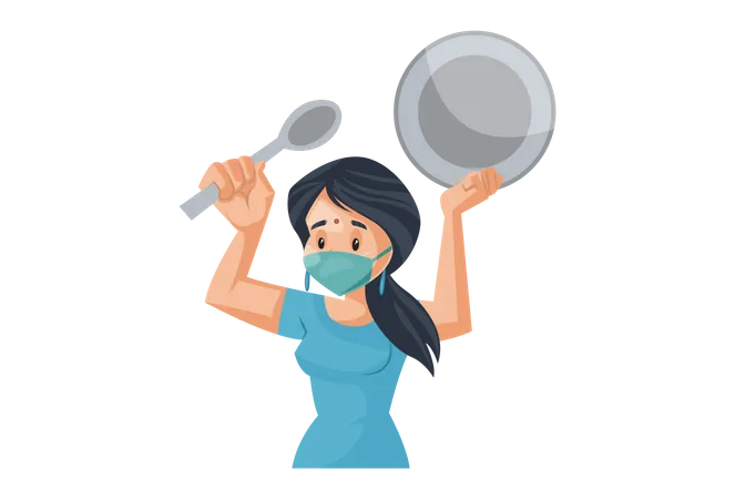 Indian House Wife making noise with spoon and dish for positive vibes in covid-19 situation  Illustration