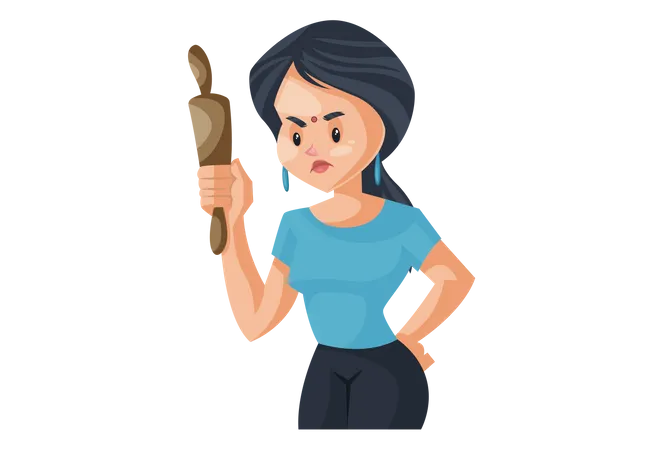 Indian House wife shouting holding rolling pin Illustration