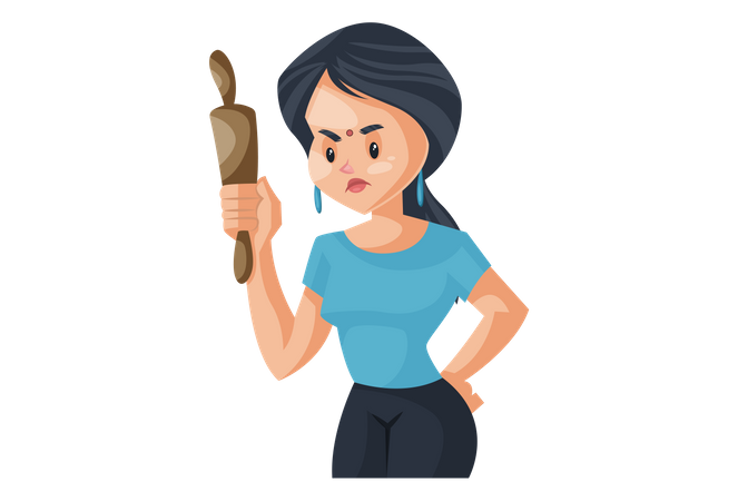 Indian House wife shouting holding rolling pin  Illustration