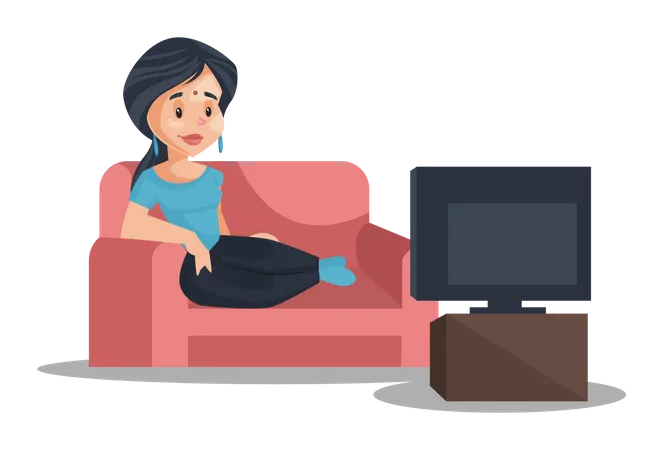 Indian House Wife watching television while seating on couch Illustration