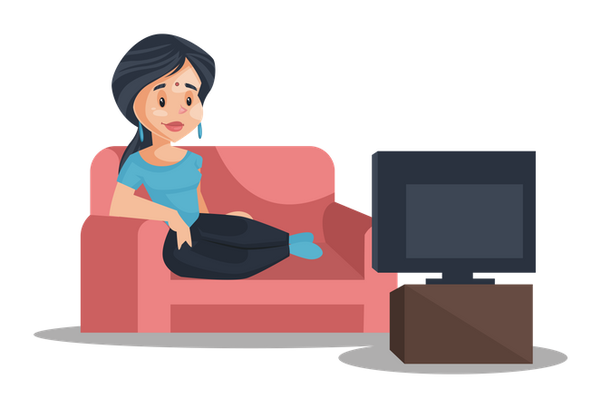 Indian House Wife watching television while seating on couch  Illustration