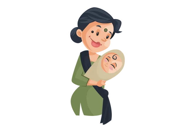 Indian housemaid caring baby child  Illustration