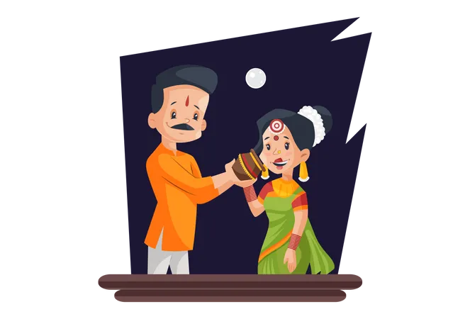 Indian husband breaking fast of his wife  Illustration