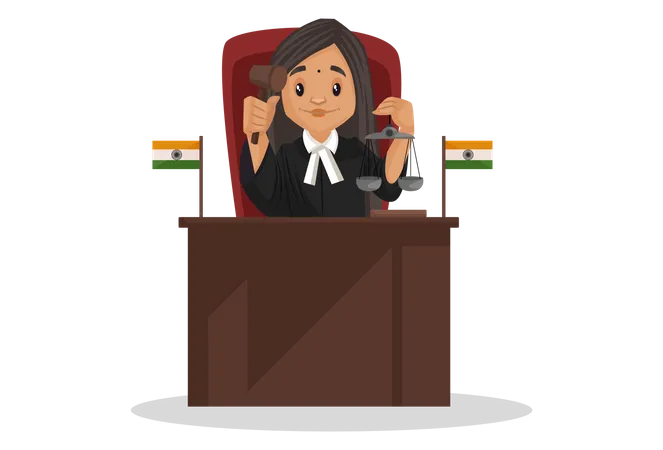 Indian Judge sitting in courtroom and holding hammer in her hand  Illustration