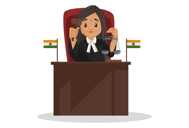 Indian Judge sitting in courtroom and holding hammer in her hand  Illustration