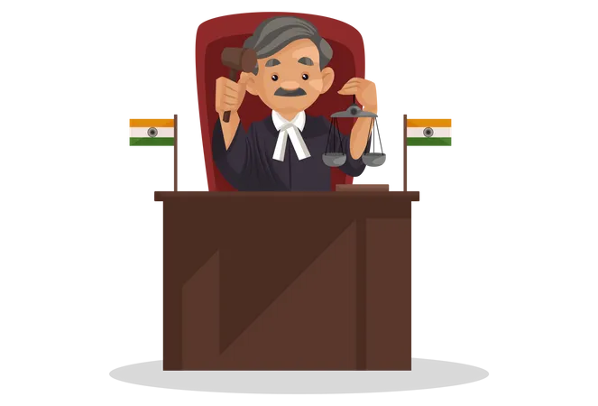 Indian Judge sitting in courtroom and holding hammer in his hand Illustration