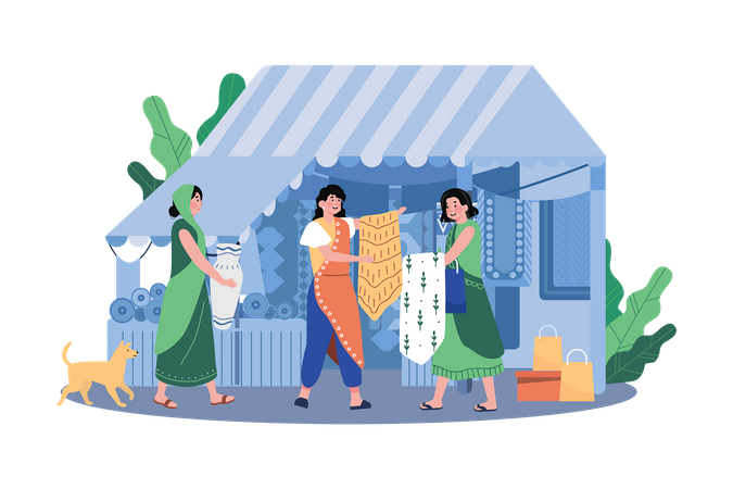 Indian Ladies Selling Traditional Fabrics Diwali Festival  Illustration