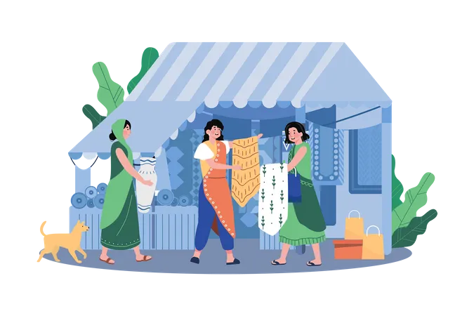 Indian Ladies Selling Traditional Fabrics Diwali Festival  Illustration