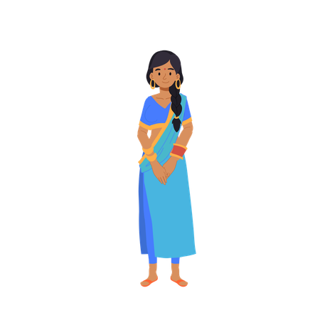 Indian lady in ethnic blue saree smiling with hands clasped wearing gold jewelry  Illustration