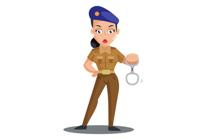 Indian Lady Police holding handcuffs Illustration