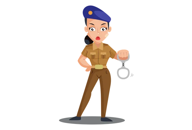 Indian Lady Police holding handcuffs Illustration