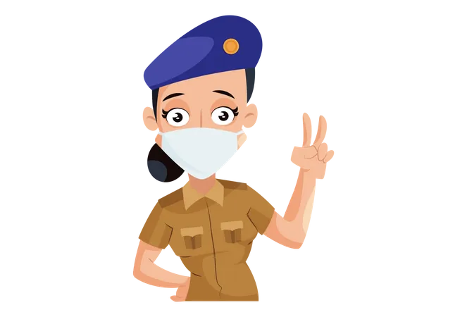 Indian Lady Police wearing face mask with victory hand gesture  Illustration