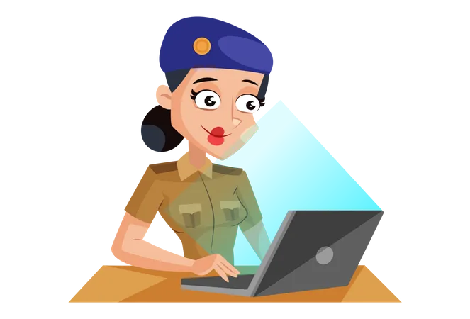 Indian Lady Police working on Laptop Illustration