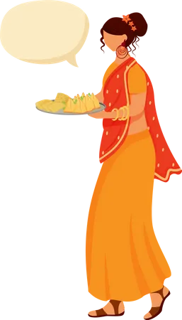 Indian lady serving meal Illustration
