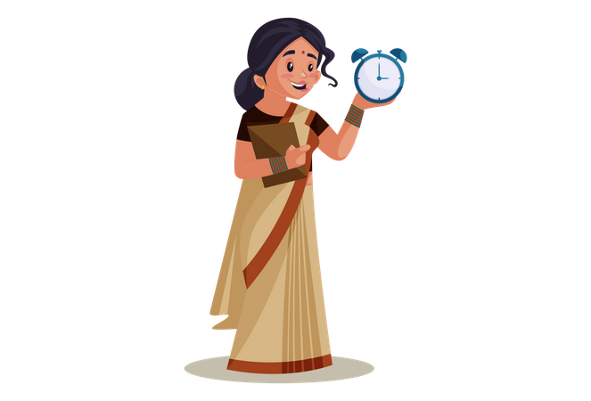 Indian Lady teacher Holding Alarm Clock Illustration