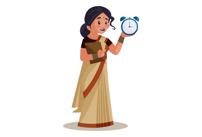 Indian Lady teacher Holding Alarm Clock Illustration